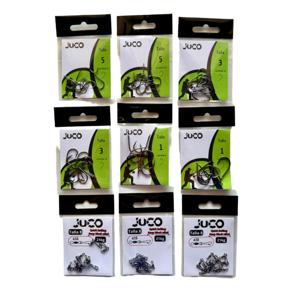 Pack JUCO de Anzuelos Empatillados + 3 Grilletes Snap 21 kg – Alta Gama Mar y Río