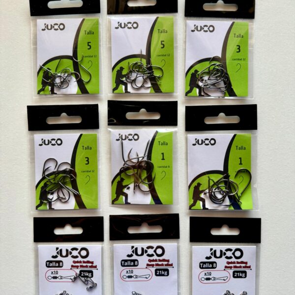 Pack JUCO de Anzuelos Empatillados + 3 Grilletes Snap 21 kg – Alta Gama Mar y Río
