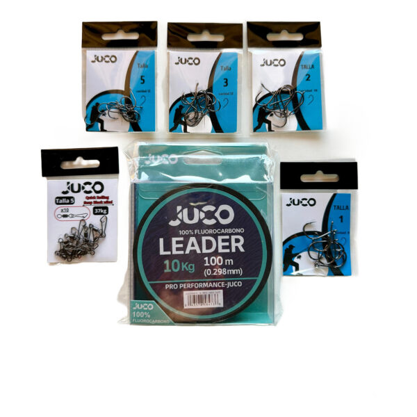 Pack de pesca JUCO – Fluorocarbono 0,29 mm + Anzuelos nº 5, 3, 2, 1 y Grilletes