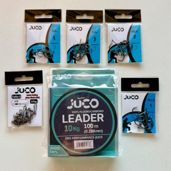 Pack de pesca JUCO – Fluorocarbono 0,29 mm + Anzuelos nº 5, 3, 2, 1 y Grilletes